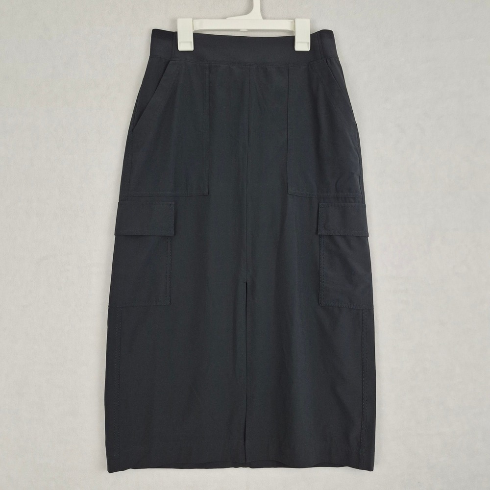 Athleta Women Sz 2 Black Cargo Midi Skirt Utility Pockets Front Slit Athletic
